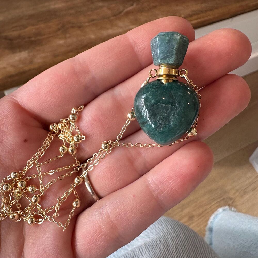 Aquatic Agate Perfume Bottle Pendant Necklace Turquoise Green Blue Stone Perfume - Picture 3 of 3